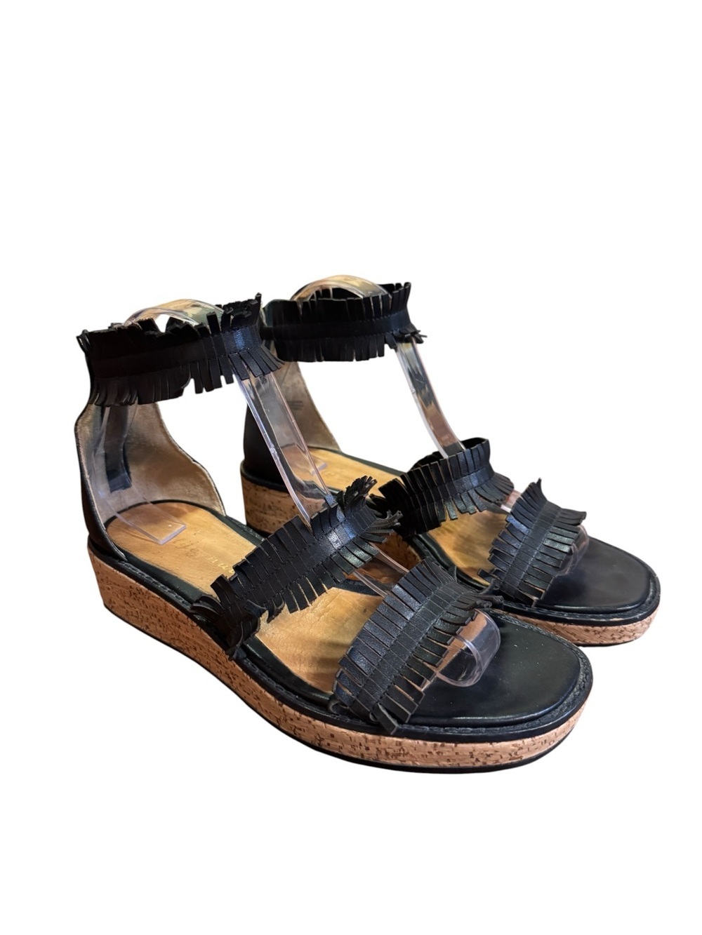 Bettye Muller New York Black Leather Fringe Cork Platform Sandals Size 7.5M